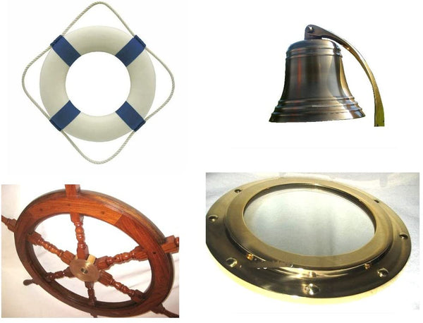 Juego de 4 - regalo/juego pirata - aro salvavidas 30 cm, volante 30 cm, campana de barco 10/40 cm, espejo de ojo de buey 23 cm latón 