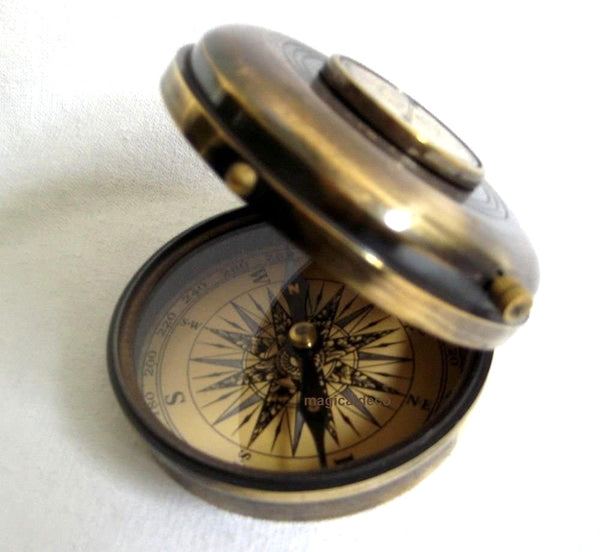 Rosa de los vientos maciza con reloj + signo del zodíaco en diseño antiguo - latón bruñido - protección contra el deslustre G: 300 g 