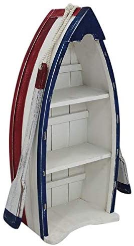 Estantería desgastada en forma de barco con remos, de madera pintada. 