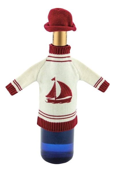 Jersey para botellas - azul/blanco con tapa + posavasos para botellas de latón/madera