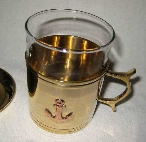 Vaso de grog/vaso de té, latón marítimo, vidrio con motivo de ancla posavasos 