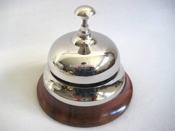 Rezeption- Empfang- Thekenklingel- Service-Tischgong-Hotelglocke, vernickelt auf Holz