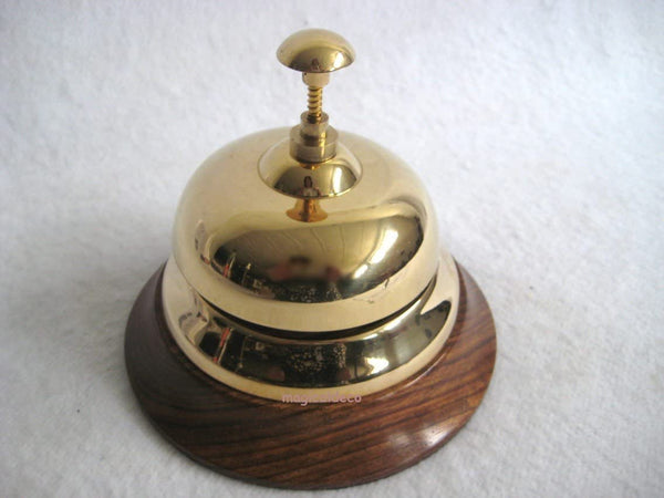 Campana de mesa mesa de servicio gong campana de hotel, latón sobre madera 