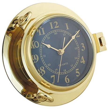 Reloj en forma de ojo de buey - latón, diámetro 22,5 cm - esfera negra 