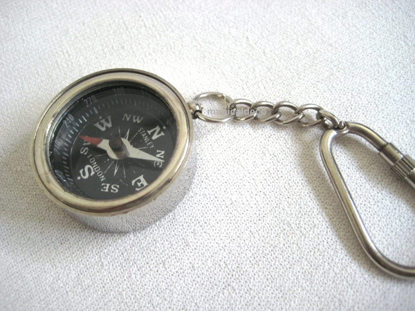 Schlüsselanhänger/Ring - maritim- Messing, vernickelt - Karabiner- Kompass