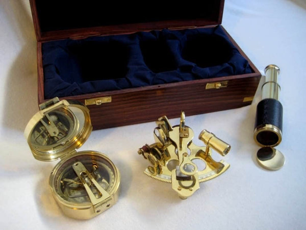 Sextant, Teleskop + Brunton Kompass incl. Holzbox