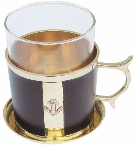 Juego de 6 vasos de grog/vaso de té de latón marítimo, cuero, cristal con motivo de ancla posavasos 