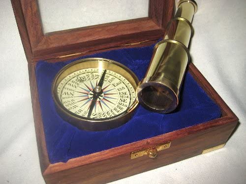 Set- Teleskop und Kompass Inclusive Holzbox mit Glasdeckel