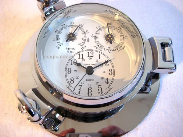 Reloj higro/termómetro+ en forma de ojo de buey de latón macizo 2000 g, cromado - diámetro 14 cm 