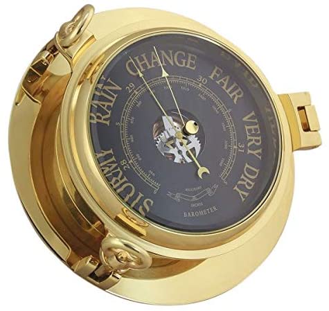 Barómetro en forma de ojo de buey - latón, diámetro 22,5 cm - esfera negra 