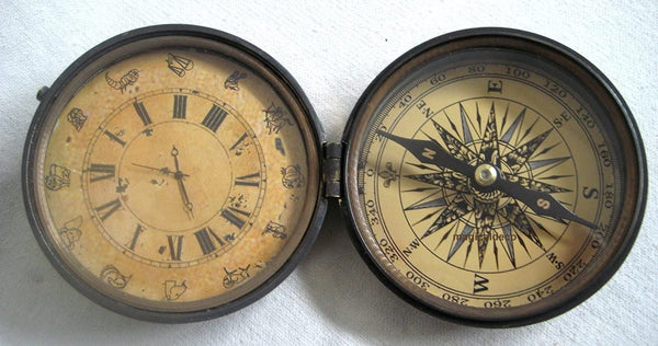 Rosa de los vientos maciza con reloj + signo del zodíaco en diseño antiguo - latón bruñido - protección contra el deslustre G: 300 g 