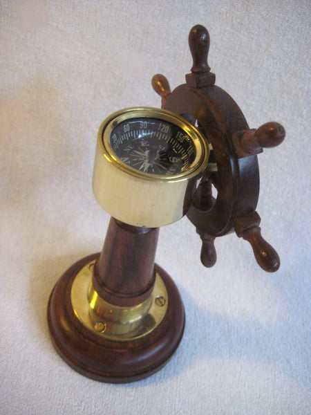 Soporte para barco - soporte para barco - volante y brújula de madera y latón 