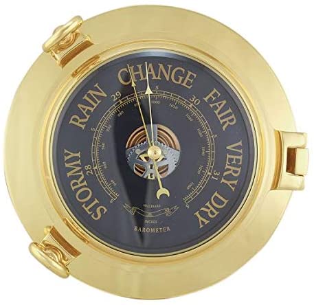 Barómetro en forma de ojo de buey - latón, diámetro 22,5 cm - esfera negra 