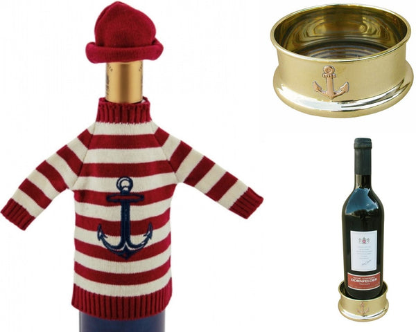 Flaschenpulli mit Mütze+ Untersetzer Flaschen aus Messing/Holz - Motiv Anker