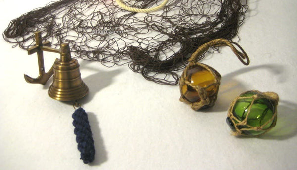 Juego de 6 marítimos - pequeñas bolas de pesca 3X, campana de barco, red de pesca 4X 2 m - aro salvavidas 20 cm 