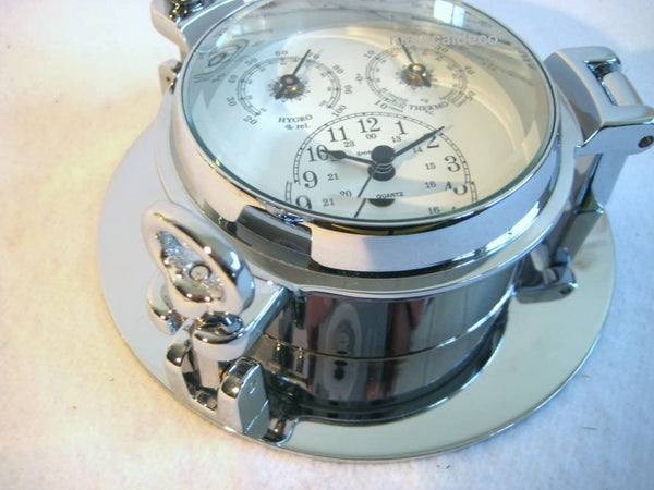 Reloj higro/termómetro+ en forma de ojo de buey de latón macizo 2000 g, cromado - diámetro 14 cm 