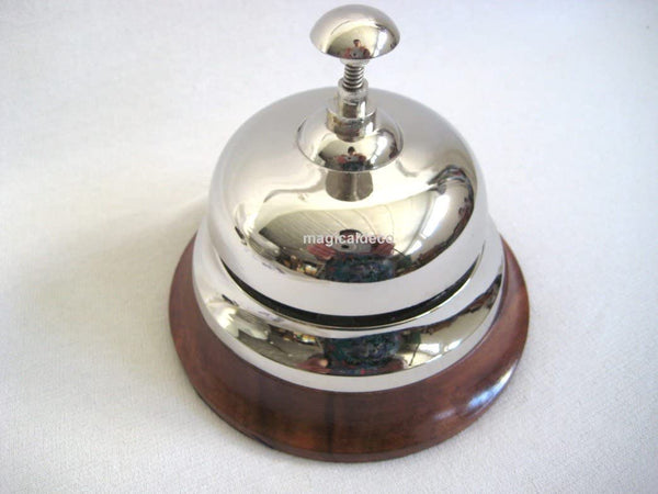 Rezeption- Empfang- Thekenklingel- Service-Tischgong-Hotelglocke, vernickelt auf Holz