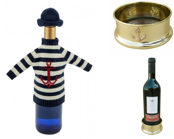Jersey para botellas - azul/blanco con tapa + posavasos para botellas de latón/madera