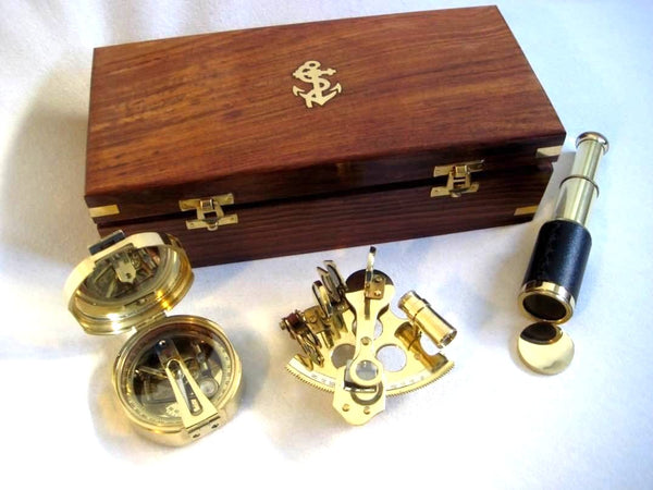 Sextant, Teleskop + Brunton Kompass incl. Holzbox