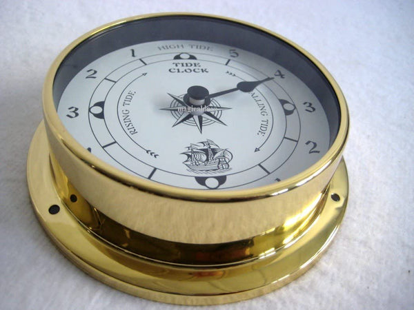 Kleine, leichte Gezeitenuhr- in Bullaugenform aus Messing- Durchmesser 11,5 cm