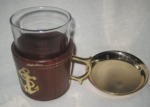 Vaso de grog/vaso de té, latón marítimo, madera y vidrio con motivo de ancla posavasos 