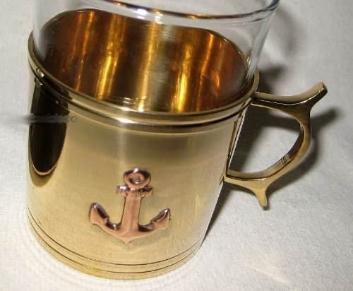 Vaso de grog/vaso de té, latón marítimo, vidrio con motivo de ancla posavasos 
