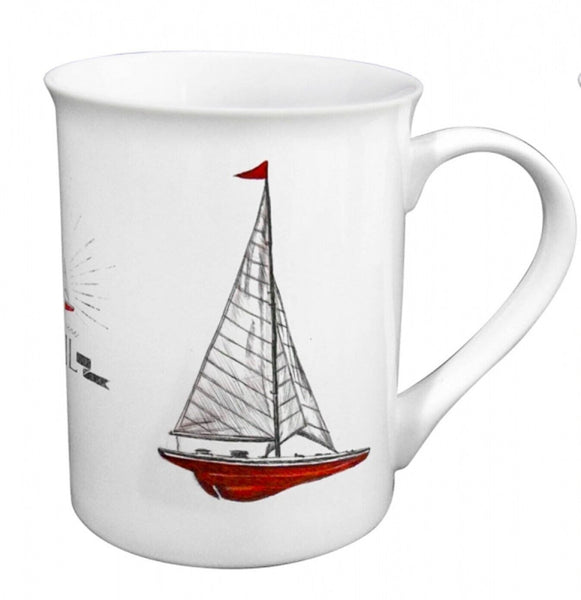 Taza, tazón con asa H. 10 cm, porcelana en caja de regalo - motivo de yate de vela