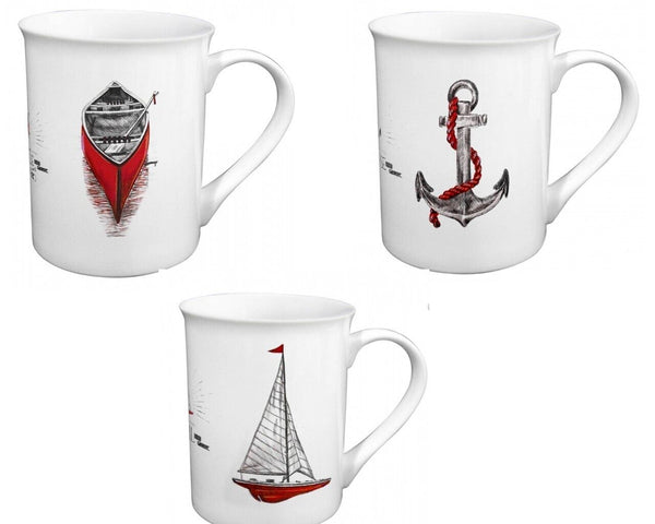 Juego de 3 tazas marítimas, tazas con asa H. 10 cm, porcelana en caja de regalo