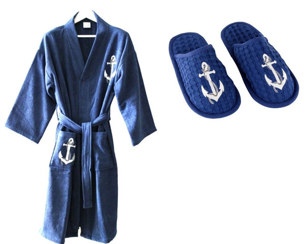 Bademantel maritim- Gr. S, L oder XL in marineblau+ Slipper Motiv Anker - maritime-deco