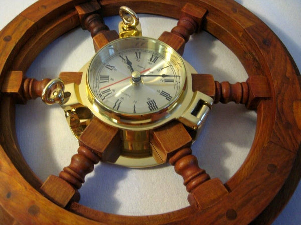Exclusiv- Steuerrad mit massiver Bullaugenuhr- Holz/Messing 45 cm - maritime-deco