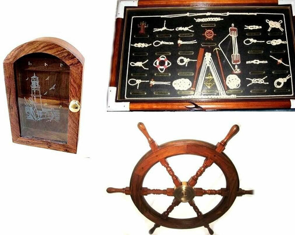 3er Set- Schlüsselkasten/Steuerrad 30 cm/ Knotentafel -Knoten - englisch - maritime-deco