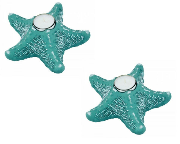 2X portavelas estrella de mar, marítimo - 17 cm - turquesa -