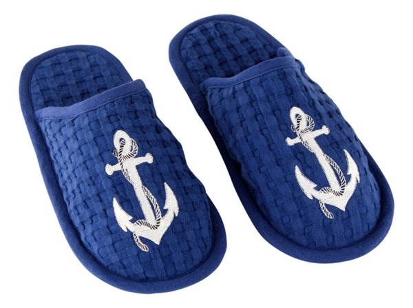 Bademantel maritim- Gr. S, L oder XL in marineblau+ Slipper Motiv Anker - maritime-deco
