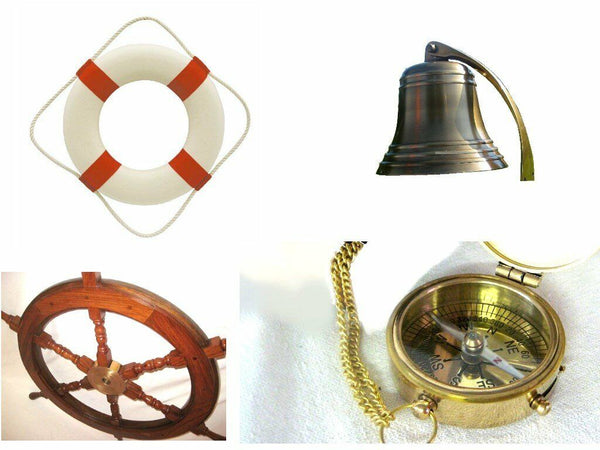 Schiffsglocke, Rettungsring 20 cm, Steuerrad 45 cm, Schiffsglocke 10 cm, Kompass - maritime-deco