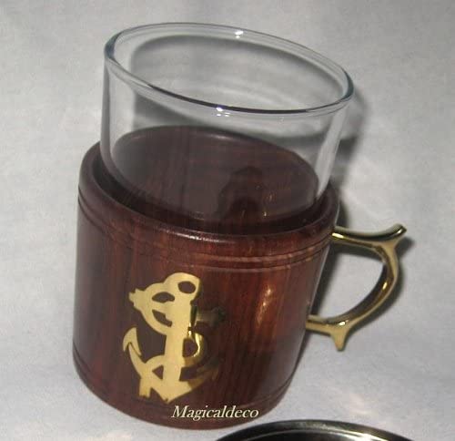 Vaso de grog/vaso de té, latón marítimo, madera y vidrio con motivo de ancla posavasos 