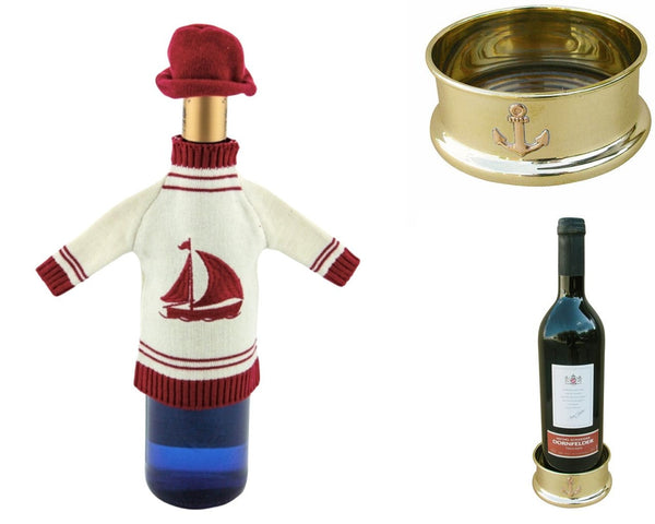 Jersey para botellas - azul/blanco con tapa + posavasos para botellas de latón/madera