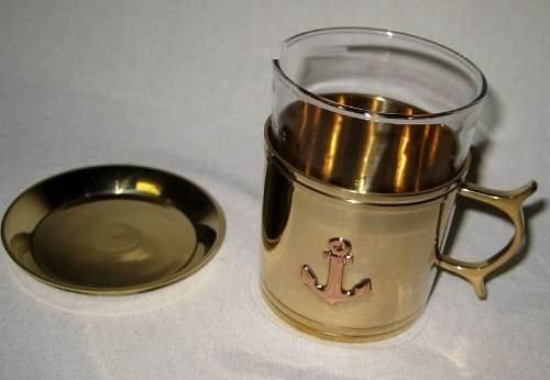 Juego de 6 vasos de grog/vaso de té de latón marítimo y cristal con motivo de ancla posavasos 