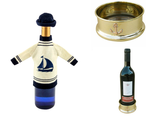 Flaschenpulli - blau/weiß mit Mütze+Untersetzer Flaschen aus Messing/Holz-Segler
