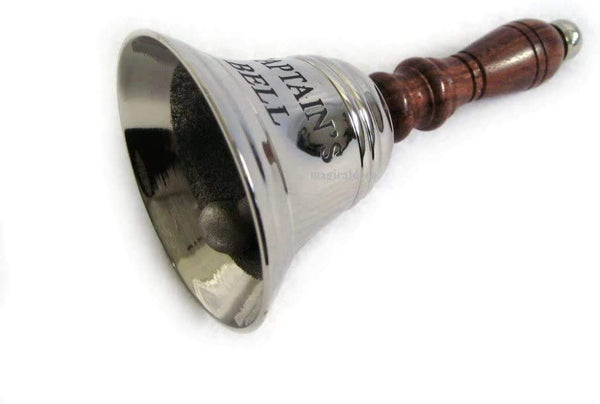 Campana estable de latón niquelado con mango de madera Al. aprox. 16 cm 