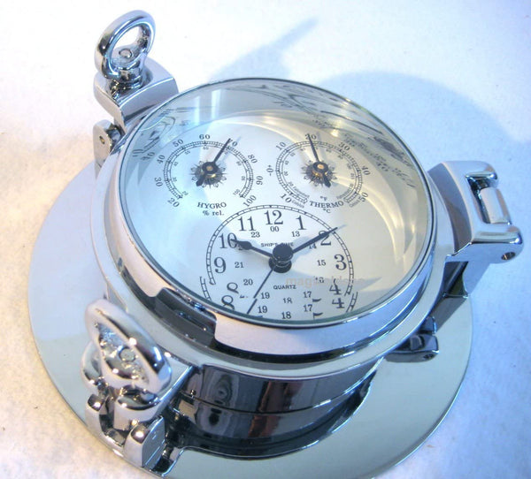 Reloj higro/termómetro+ en forma de ojo de buey de latón macizo 2000 g, cromado - diámetro 14 cm 