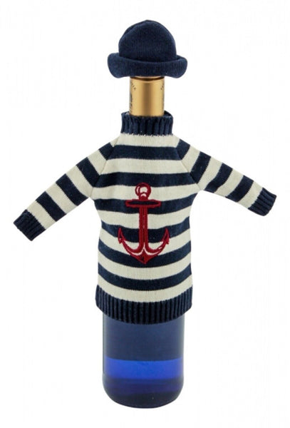 Jersey para botellas - azul/blanco con tapa + posavasos para botellas de latón/madera