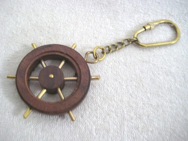 2X llavero/anillo - marítimo - madera, latón - mosquetón - volante 