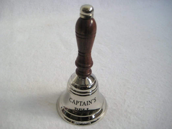 Campana estable de latón niquelado con mango de madera Al. aprox. 16 cm 