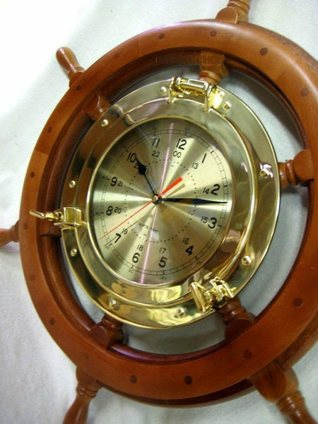 Volante grande y macizo con gran reloj de ojo de buey de 29 cm de latón/madera 