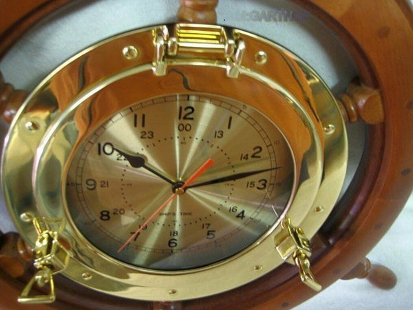 Volante grande y macizo con gran reloj de ojo de buey de 29 cm de latón/madera 