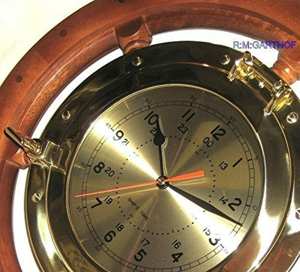 Volante grande y macizo con gran reloj de ojo de buey de 29 cm de latón/madera 