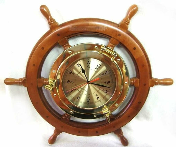 Volante grande y macizo con gran reloj de ojo de buey de 29 cm de latón/madera 