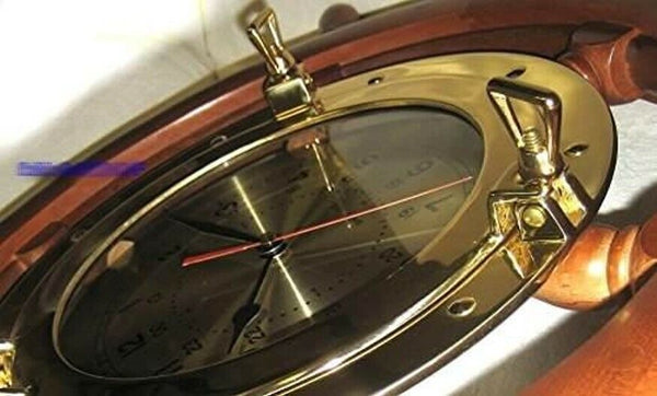 Volante grande y macizo con gran reloj de ojo de buey de 29 cm de latón/madera 